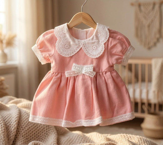 Kız Bebek %100 Pamuk Keten Dokulu Fisto Yakalı Elbise - Tiny Koza Baby & Kids