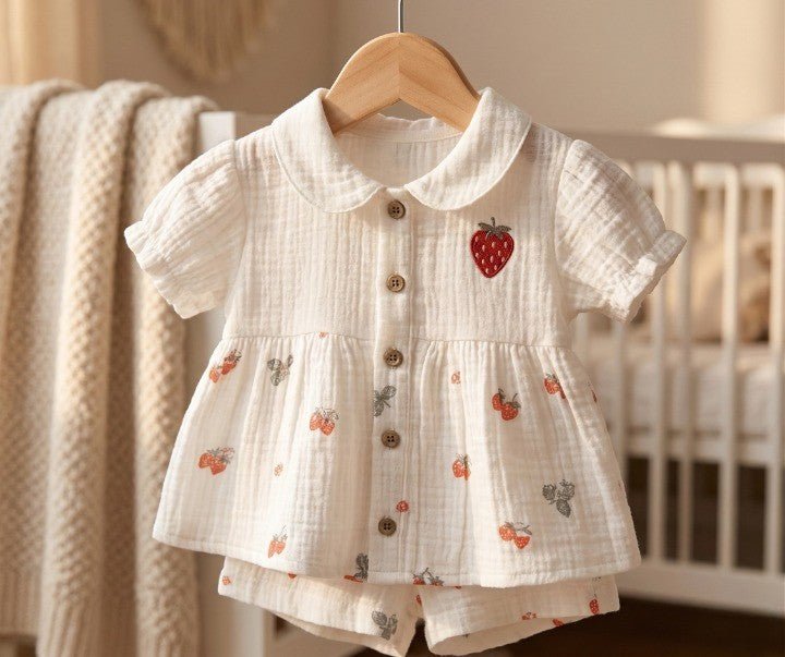 Kız Bebek %100 Pamuk Müslin Çilek Nakışlı Şortlu Takım - 2'li Yazlık Set - Tiny Koza Baby & Kids