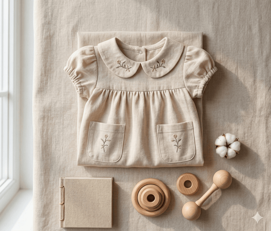 Kız Bebek Bebe Yaka Çiçek Nakışlı Cepli Vintage Keten Görünümlü Elbise - Elbise - Tiny Koza Baby & Kids