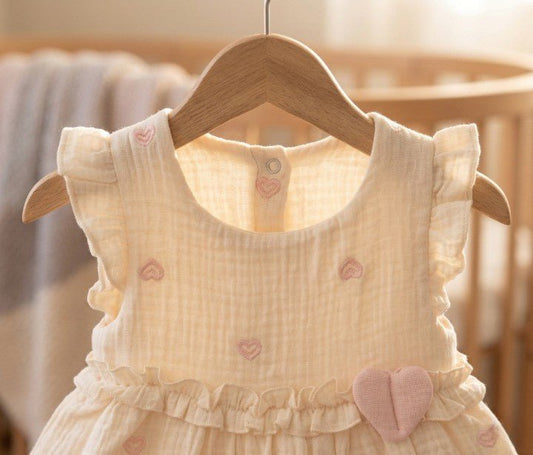 Kız Bebek Kalp Nakışlı Fırfırlı Müslin Prenses Elbise - Elbise - Tiny Koza Baby & Kids