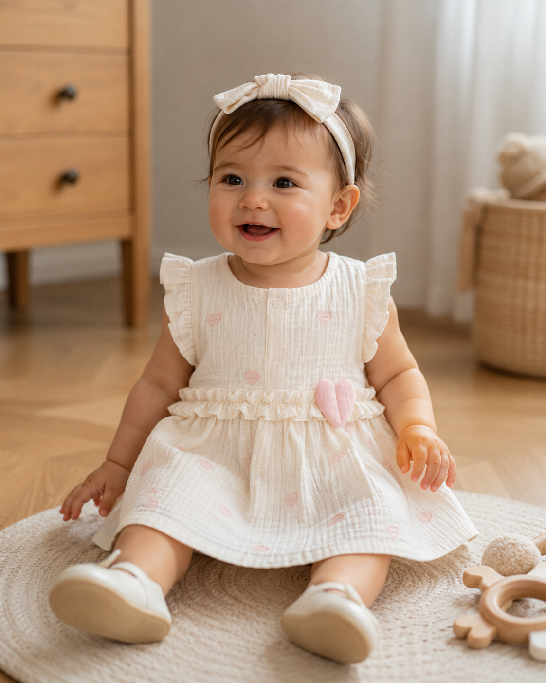 Kız Bebek Kalp Nakışlı Fırfırlı Müslin Prenses Elbise
