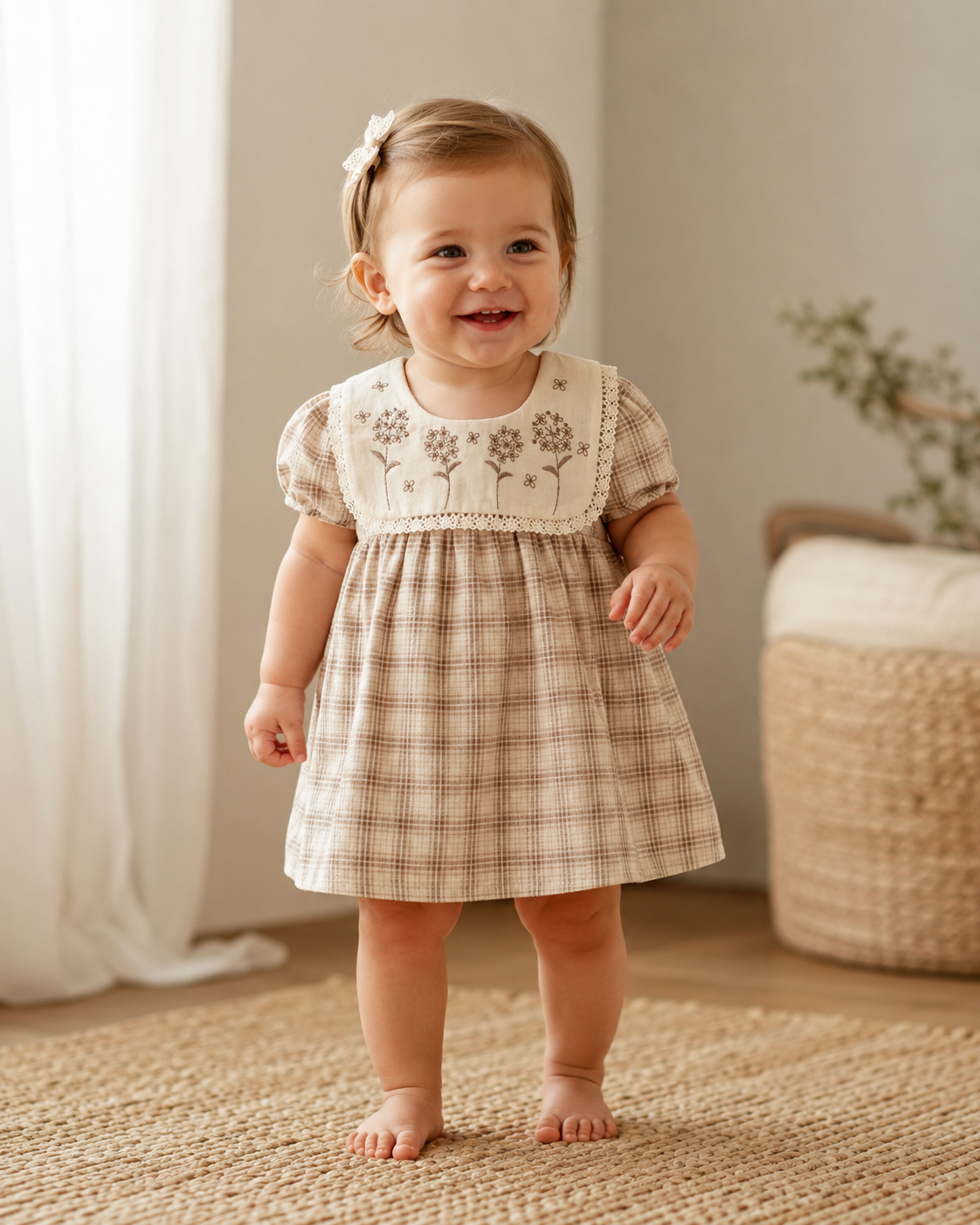 Kız Bebek Bebe Yaka Çiçek Nakışlı Ekoseli Vintage Pamuklu Elbise