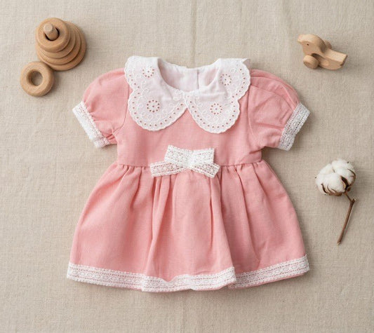 Kız Bebek %100 Pamuk Keten Dokulu Fisto Yakalı Elbise - Tiny Koza Baby & Kids