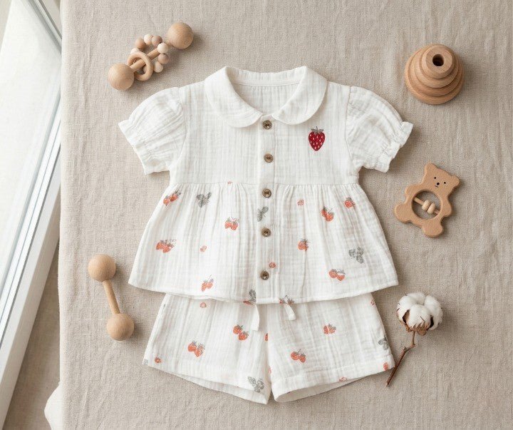 Kız Bebek %100 Pamuk Müslin Çilek Nakışlı Şortlu Takım - 2'li Yazlık Set - Tiny Koza Baby & Kids