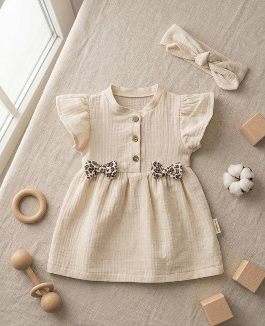 Kız Bebek %100 Pamuk Müslin Leopar Fiyonk Detaylı Bandanalı Şık Elbise Seti - Tiny Koza Baby & Kids