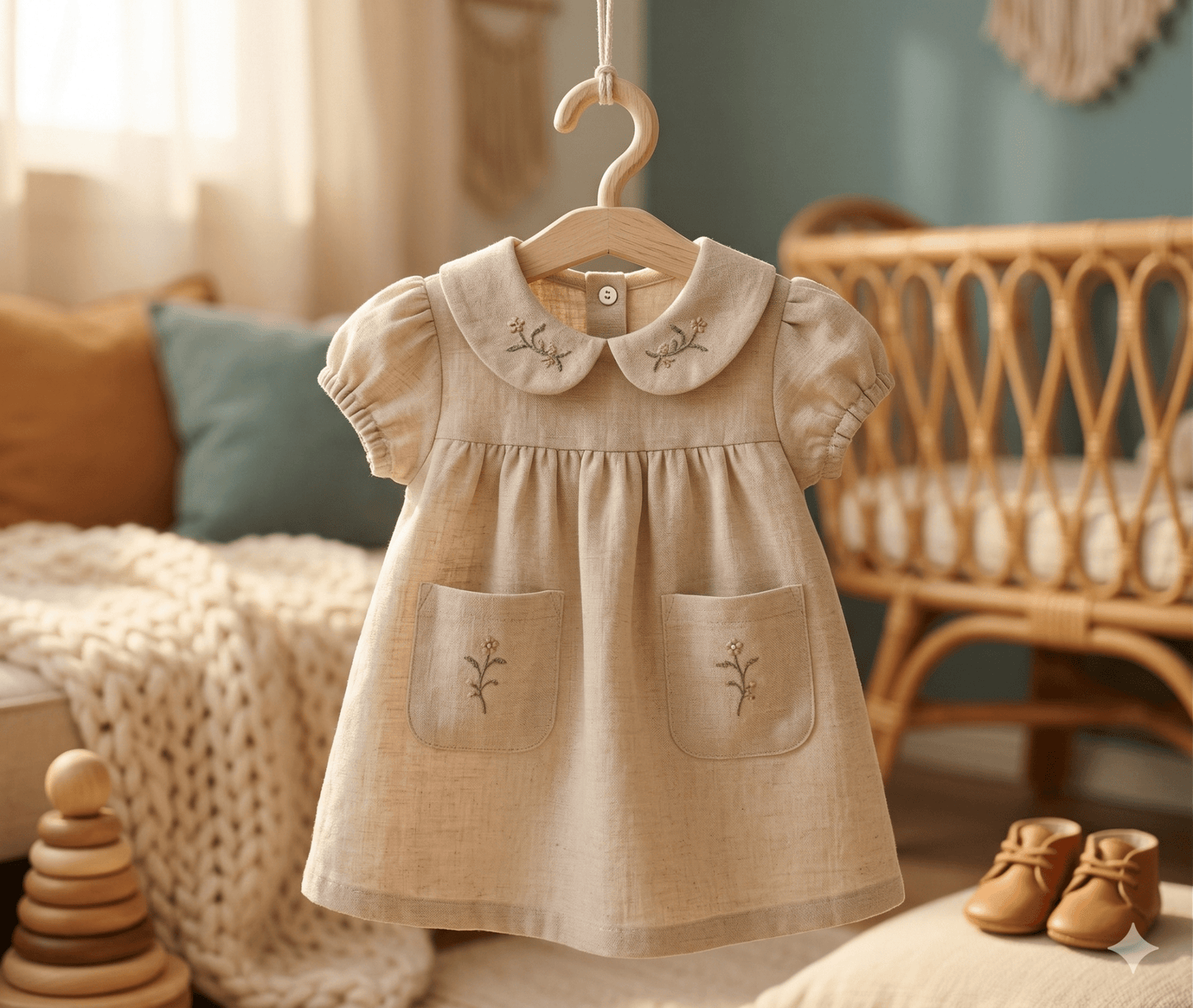 Kız Bebek Bebe Yaka Çiçek Nakışlı Cepli Vintage Keten Görünümlü Elbise - Elbise - Tiny Koza Baby & Kids