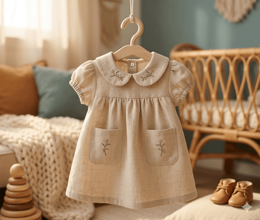 Kız Bebek Bebe Yaka Çiçek Nakışlı Cepli Vintage Keten Görünümlü Elbise - Elbise - Tiny Koza Baby & Kids