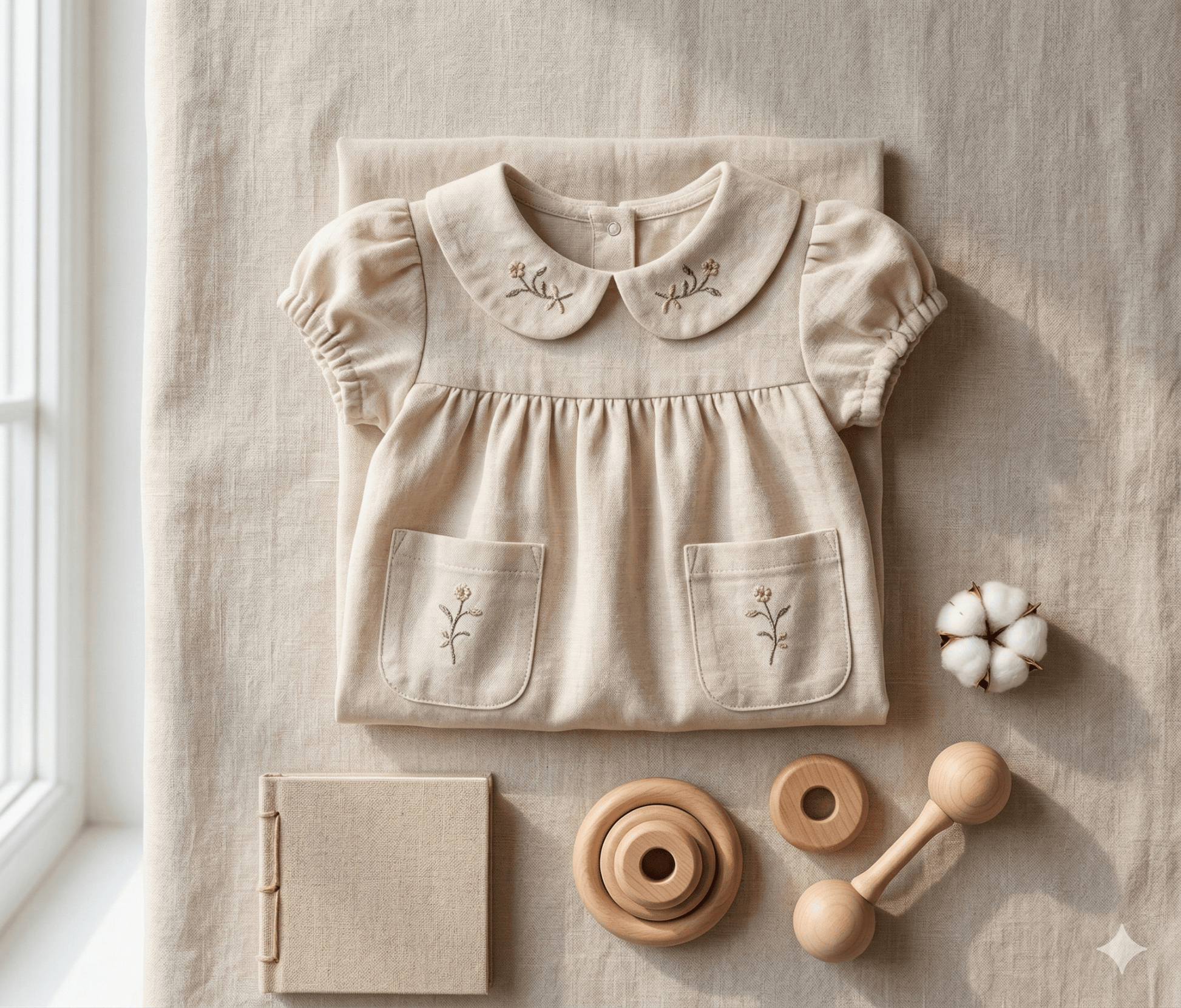 Kız Bebek Bebe Yaka Çiçek Nakışlı Cepli Vintage Keten Görünümlü Elbise - Elbise - Tiny Koza Baby & Kids
