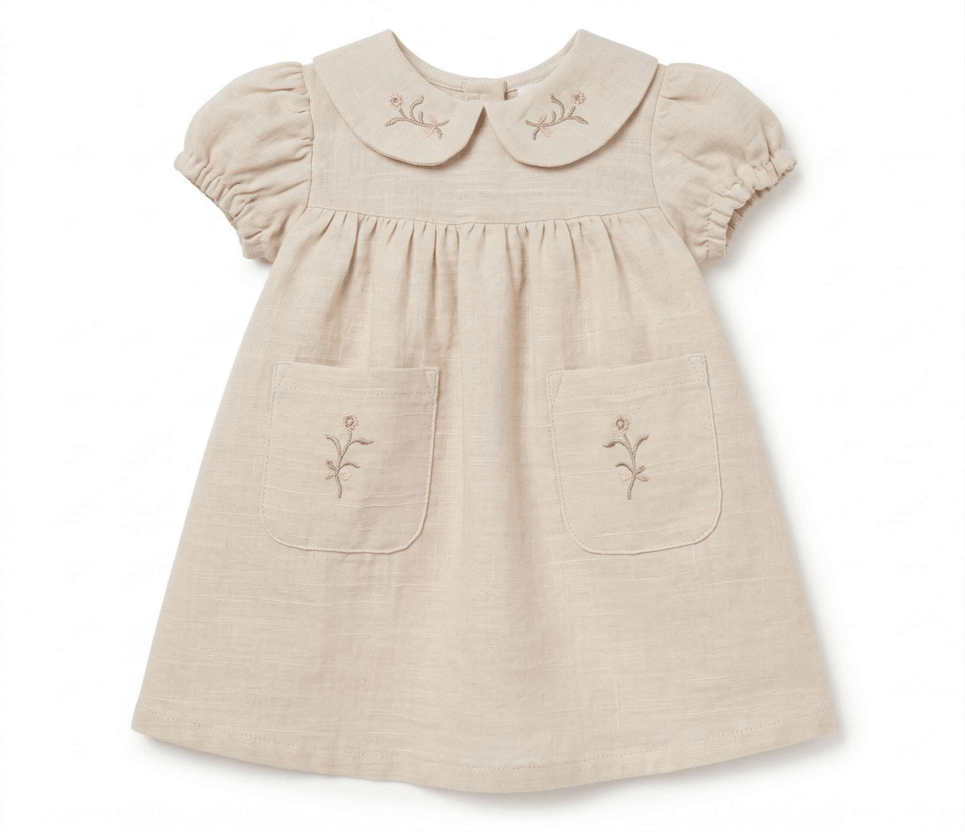 Kız Bebek Bebe Yaka Çiçek Nakışlı Cepli Vintage Keten Görünümlü Elbise - Elbise - Tiny Koza Baby & Kids