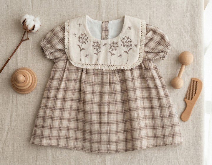 Kız Bebek Bebe Yaka Çiçek Nakışlı Ekoseli Vintage Pamuklu Elbise - Tiny Koza Baby & Kids