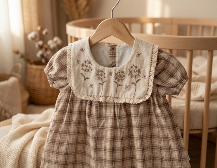 Kız Bebek Bebe Yaka Çiçek Nakışlı Ekoseli Vintage Pamuklu Elbise - Tiny Koza Baby & Kids