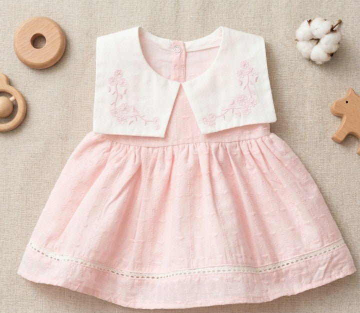 Kız Bebek Bebe Yaka Çiçek Nakışlı Vintage Pamuklu Yazlık Elbise - Elbise - Tiny Koza Baby & Kids