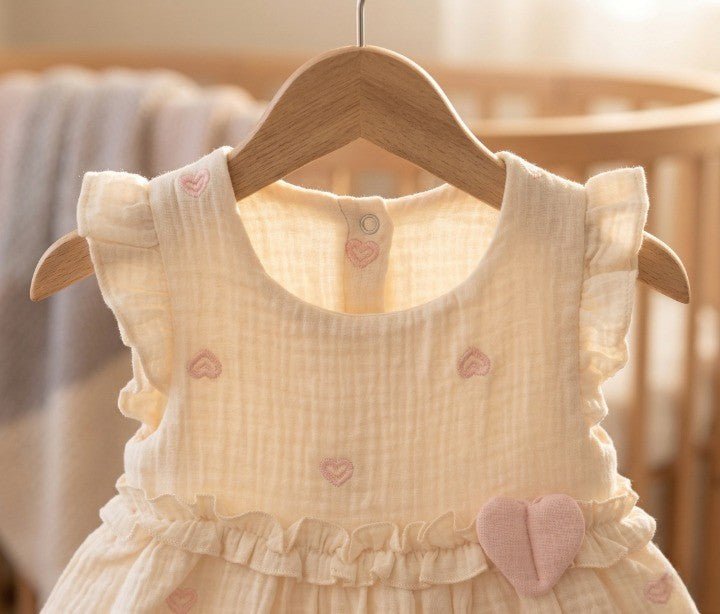 Kız Bebek Kalp Nakışlı Fırfırlı Müslin Prenses Elbise - Elbise - Tiny Koza Baby & Kids